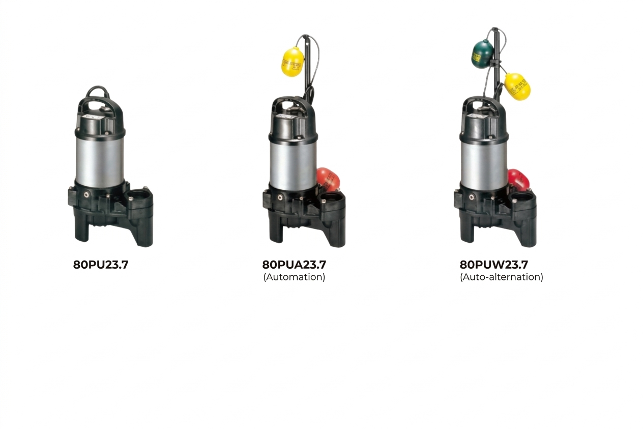 Các model bơm Tsurumi 80PU series Sơ đồ các phiên bản model bơm Tsurumi 80PU23.7 tự động và luân phiên