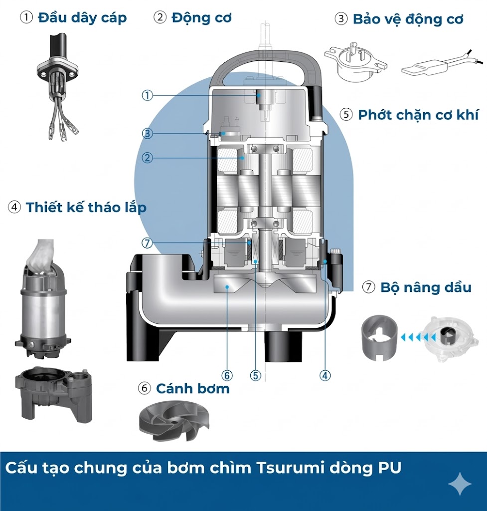 Cấu tạo bơm Tsurumi 80PU23.7 Sơ đồ cấu tạo 7 bộ phận chính của bơm chìm nước thải Tsurumi 80PU23.7